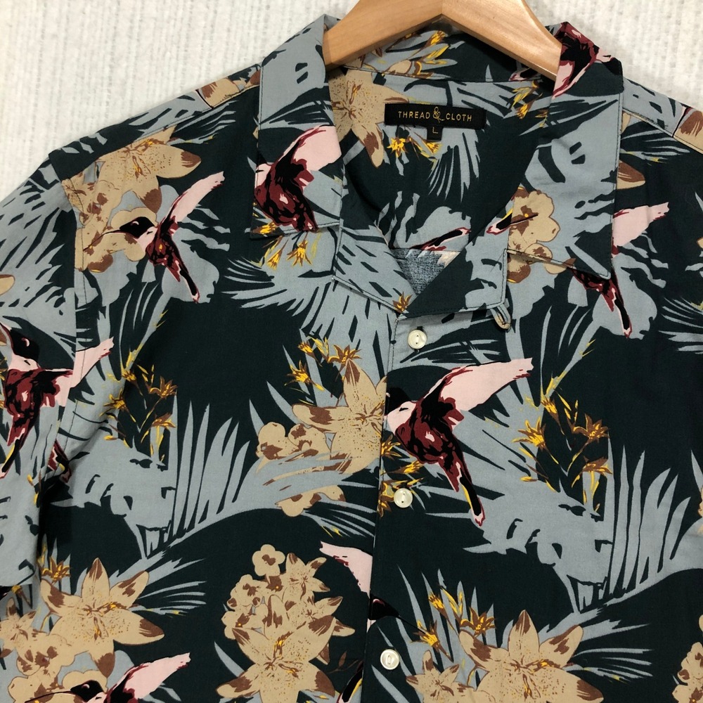 THREAD & CLOTH Men's Tropical Bird Floral Print Short Sleeve Button Up Size‎ L
